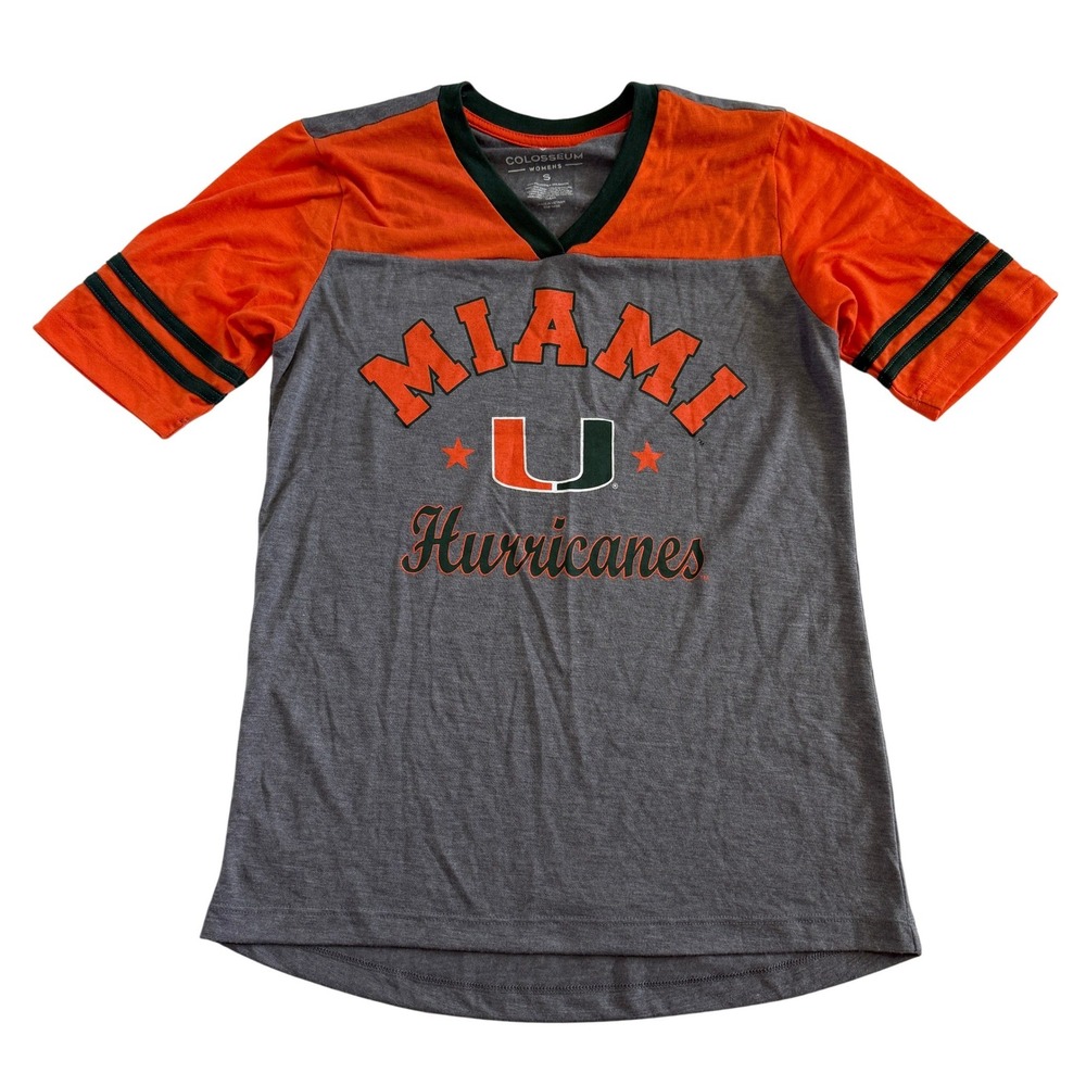 Colosseum Miami Hurricanes Womens Small V-Neck T-Shirt Grey Orange NCAA Fan Gear